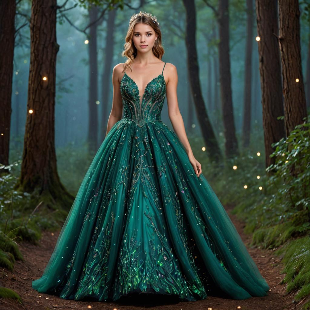 Elegant Woman in Green Gown in Forest