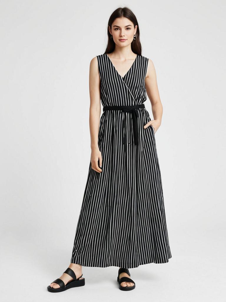 Casual Chic Black and White Striped Sleeveless Maxi Dress for Women