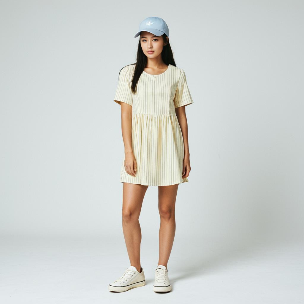 Woman in Casual Pale Yellow Short-Sleeved Mini Dress with Baseball Cap and Sneakers