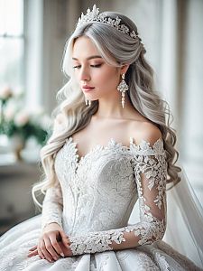 Elegant Bride with Silver Hair in Lace Gown
