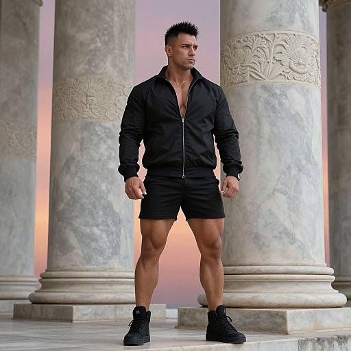 Muscular Man in Black Sportswear Standing by Marble Columns at Sunset