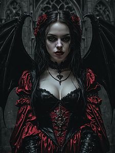 Gothic Woman in Black and Red Victorian Dress with Bat Wings