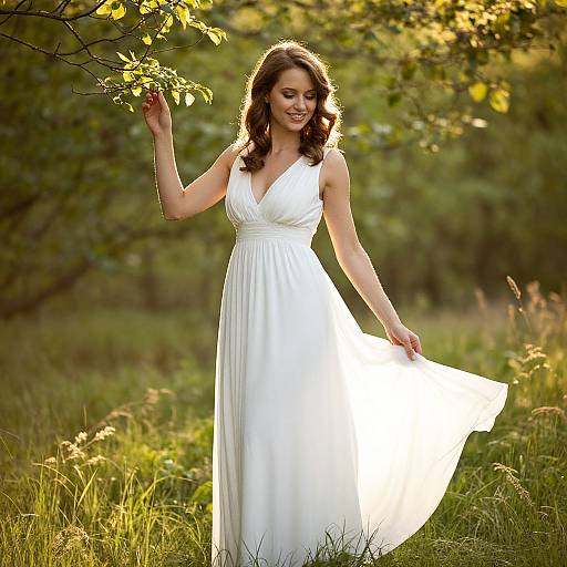 Woman in White Dress in Sunlit Forest Clearing