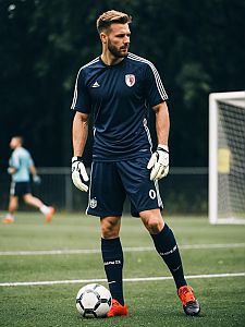 Football Player in Stylish Navy Blue Adidas Gear Training on Green Pitch