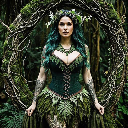 Woman in Forest Nymph Costume with Green Corset and Leaf Accessories