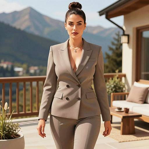Modern Business Chic Taupe Pantsuit on Slender Woman Outdoors