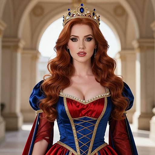 Regal Woman in Royal Red and Blue Gown with Gold Crown
