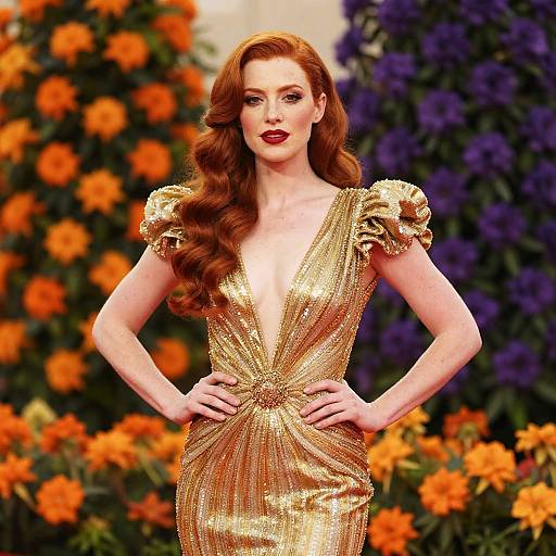 Elegant Red-Haired Woman in Gold Gown with Floral Background
