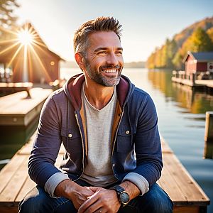Smiling man by serene lake on sunny day