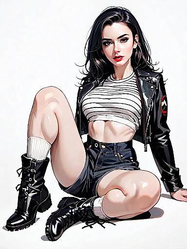 Realistic Comic Style Woman in Leather Jacket and Shorts Sitting Pose