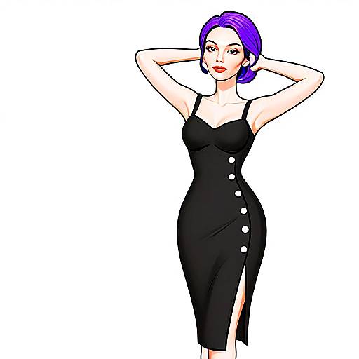 Minimalist Chic Woman with Purple Hair in Sleek Black Dress Illustration