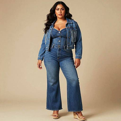 Trendy All-Denim Outfit with Fringed Jacket and Flare Jeans for Women