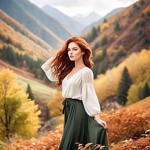 Elegant Woman in Autumn Mountain Landscape