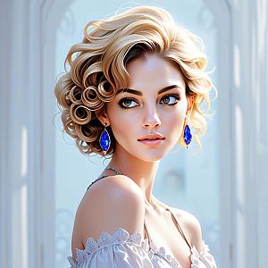 Elegant Blonde Woman with Blue Gemstone Earrings in Soft Lighting