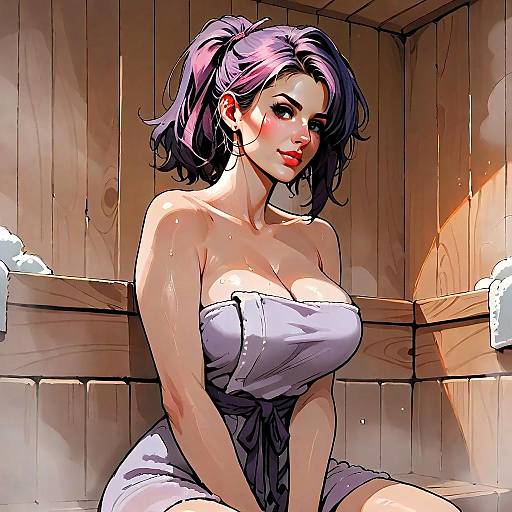 Digital Illustration of Woman in Sauna with Purple Hair and Towel