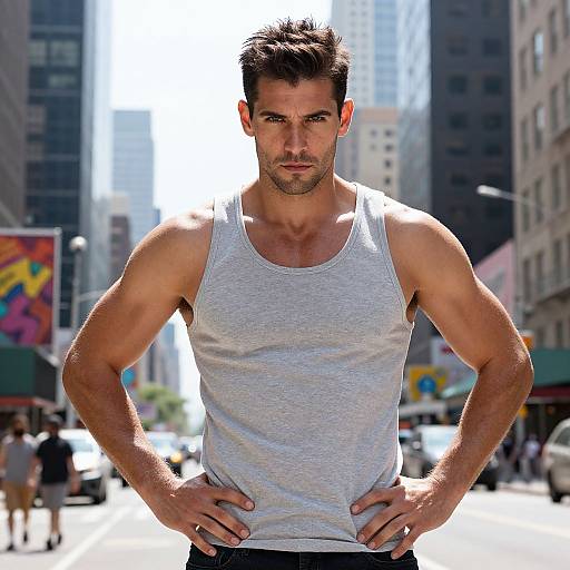 Confident Man in Gray Tank Top Standing on City Street