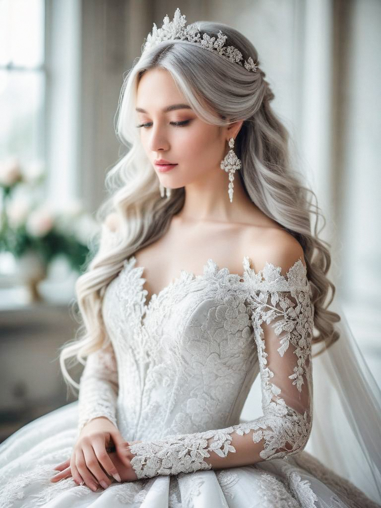 Elegant Bride with Silver Hair in Lace Gown Elegant Bride with Silver Hair in Lace Gown