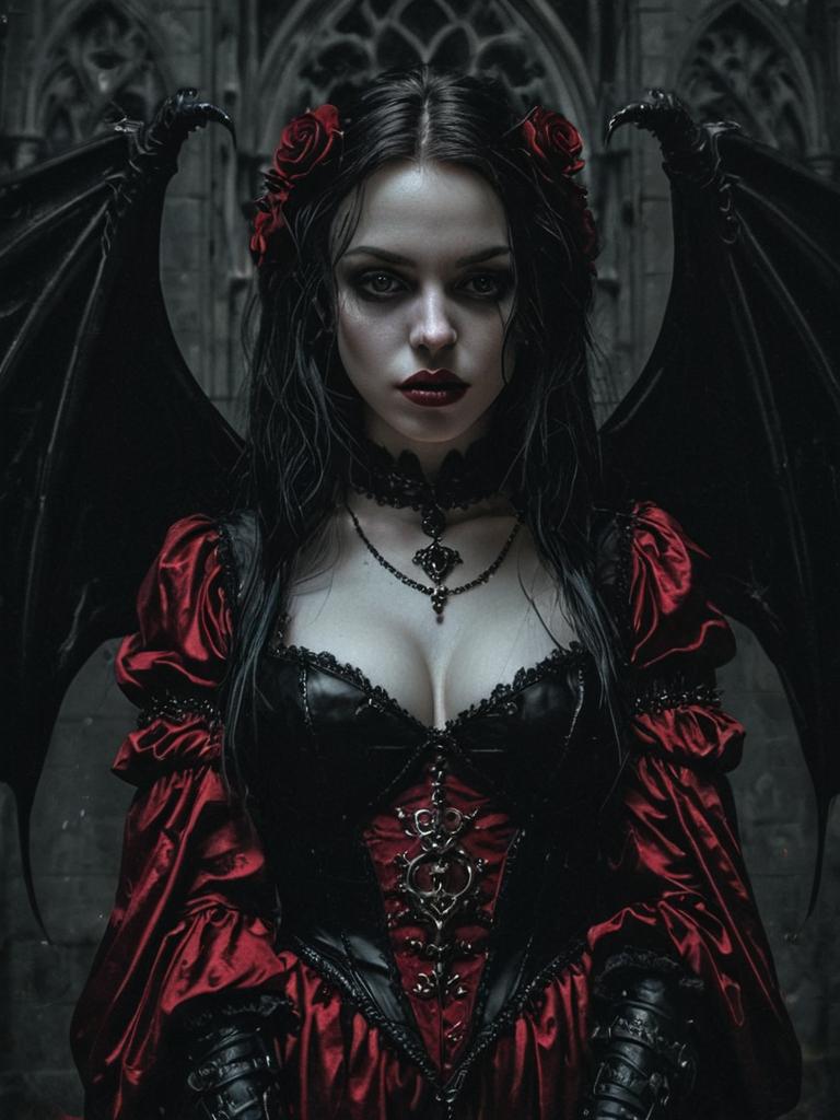 Gothic Woman in Black and Red Victorian Dress with Bat Wings