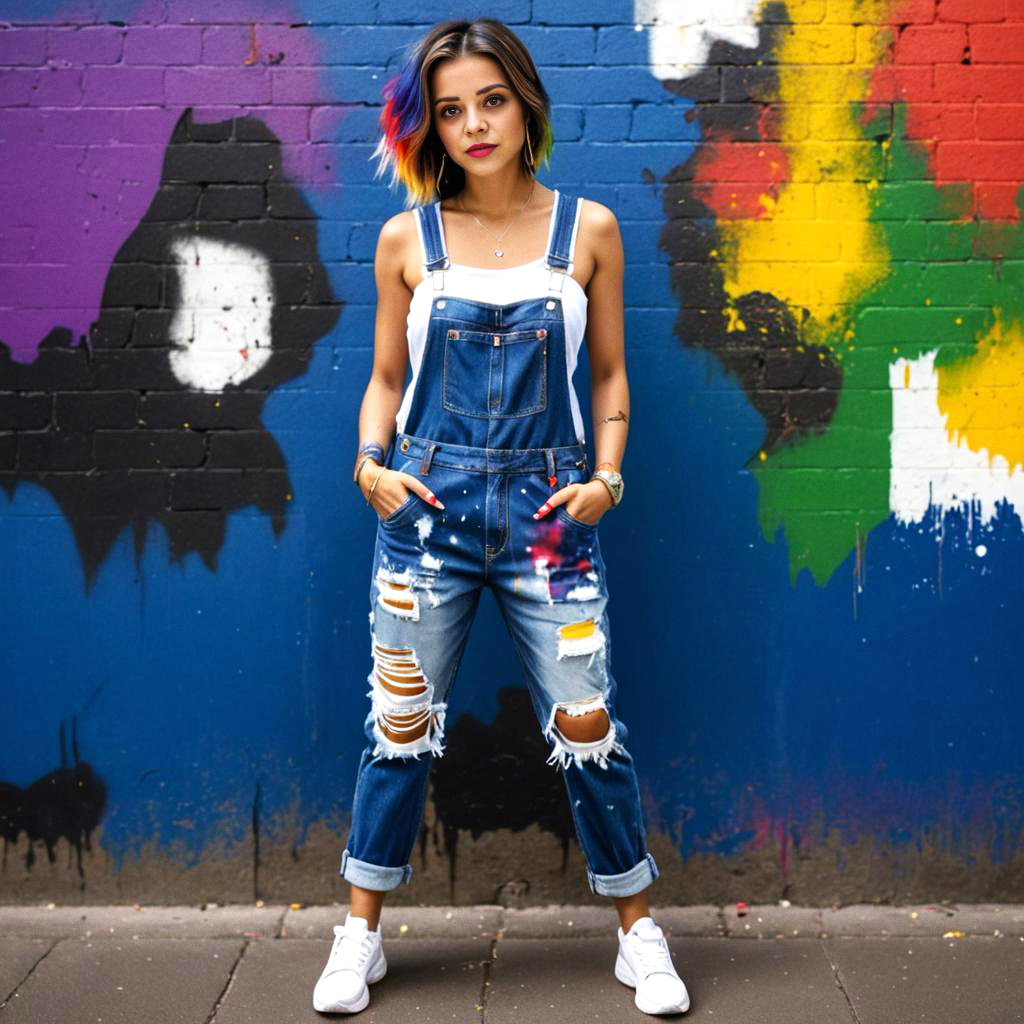 Stylish Young Woman with Colorful Hair Against Graffiti Wall