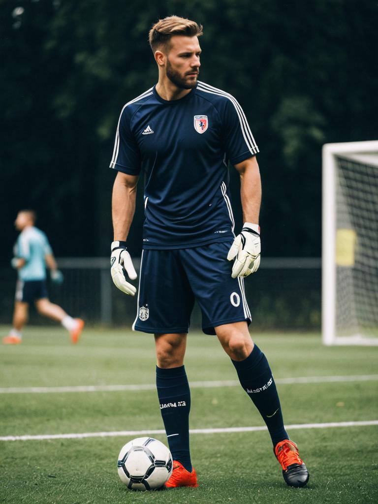 Football Player in Stylish Navy Blue Adidas Gear Training on Green Pitch