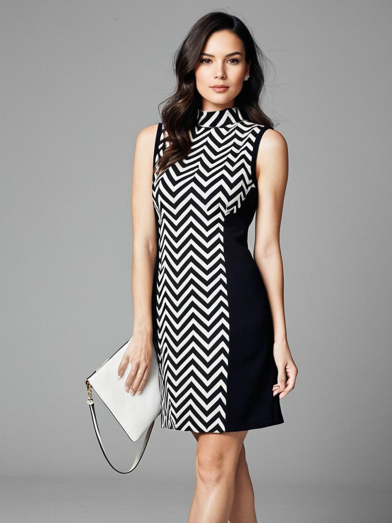 Woman Wearing Chic Sleeveless Sheath Dress with Black and White Chevron Pattern