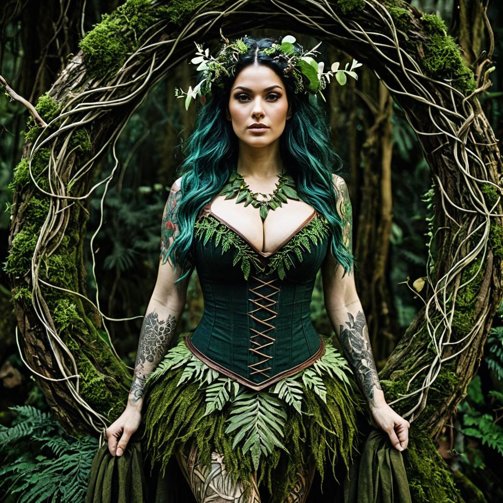 Woman in Forest Nymph Costume with Green Corset and Leaf Accessories
