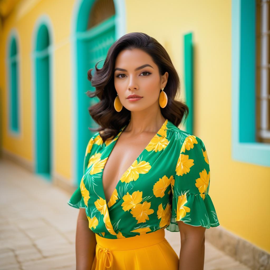 Stylish Woman in Floral Blouse and Yellow Skirt