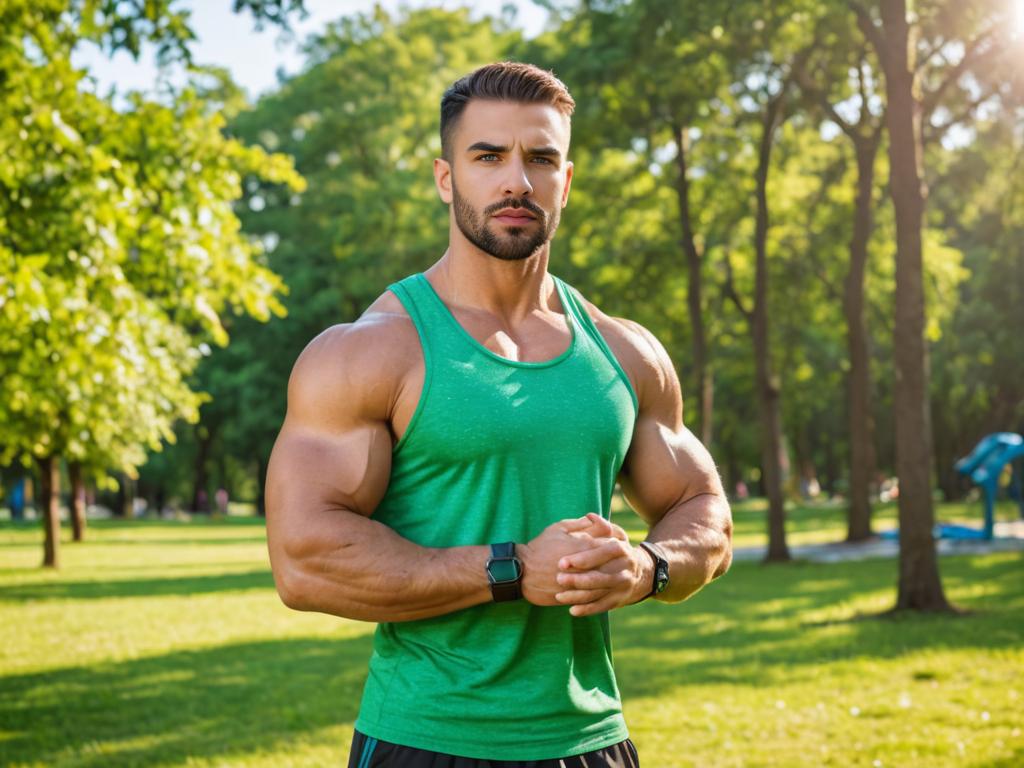 Muscular Man Showcasing Biceps in Vibrant Outdoor Setting