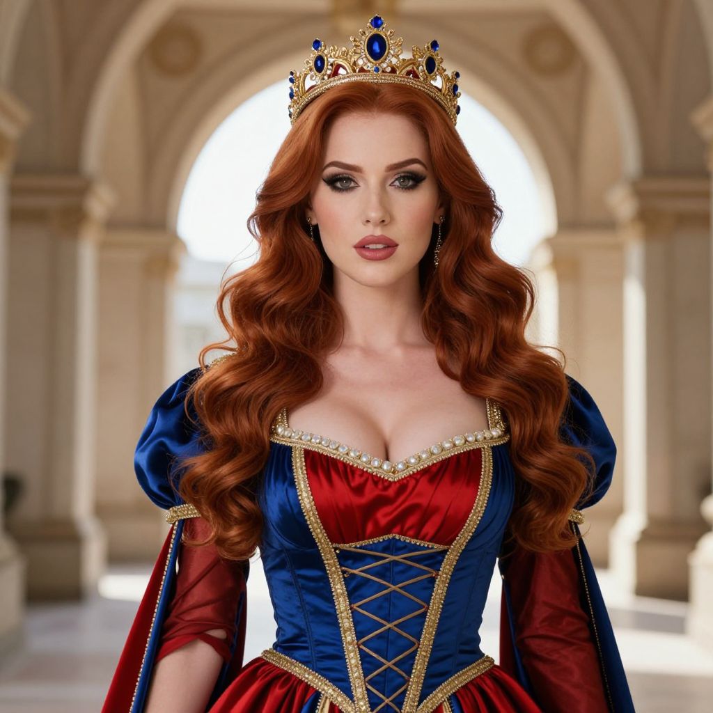 Regal Woman in Royal Red and Blue Gown with Gold Crown