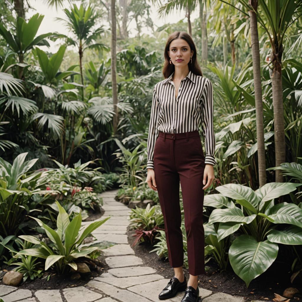 Woman in Striped Blouse and Burgundy Trousers in Garden