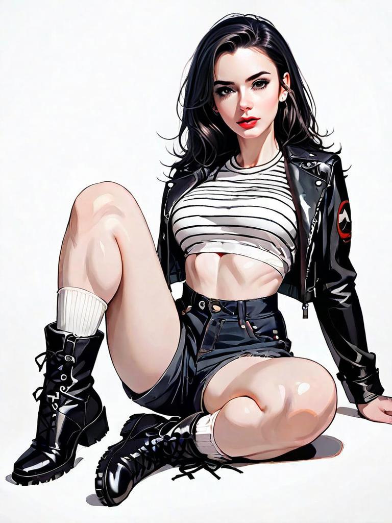 Realistic Comic Style Woman in Leather Jacket and Shorts Sitting Pose