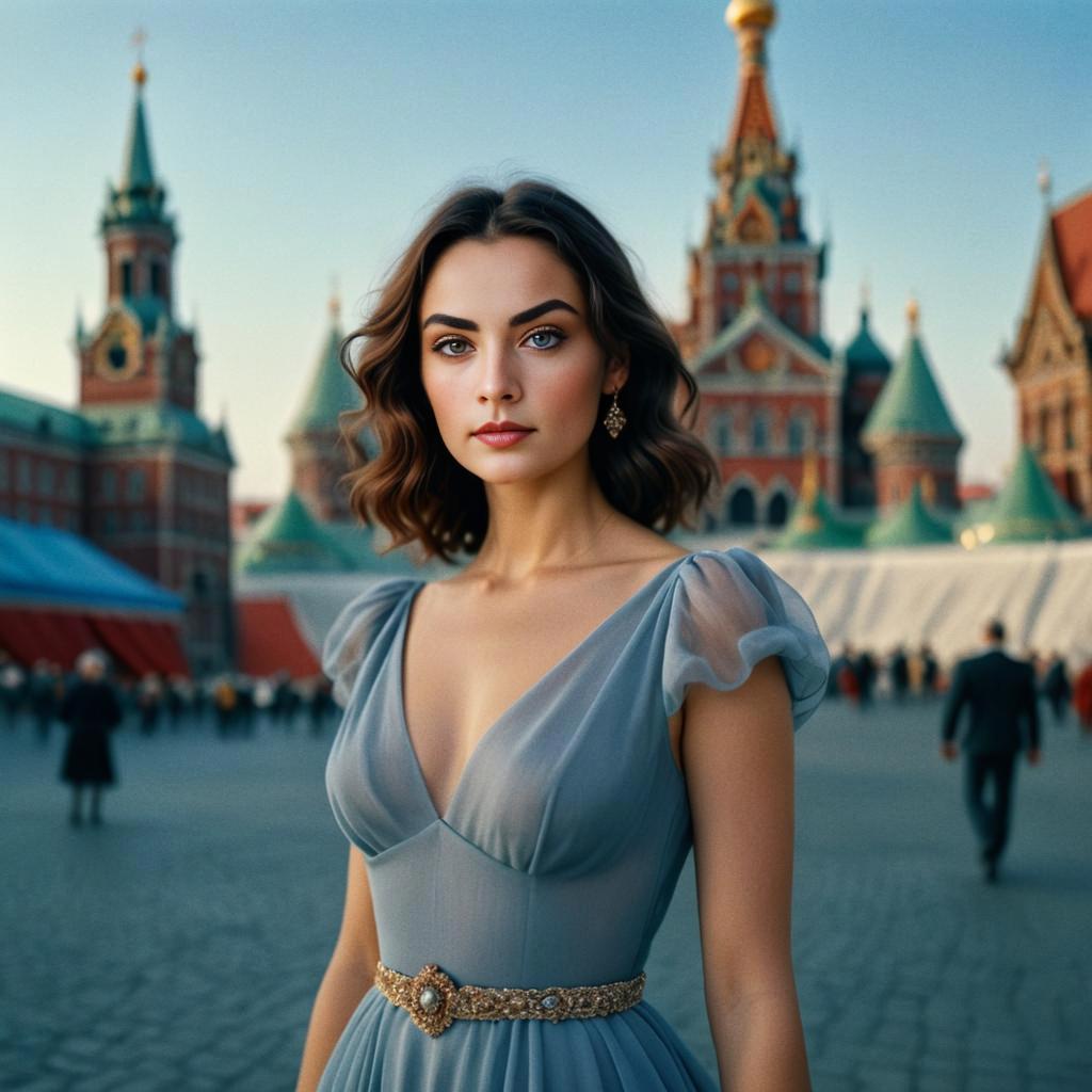 Elegant Woman in Gray Dress Against Historic Architecture