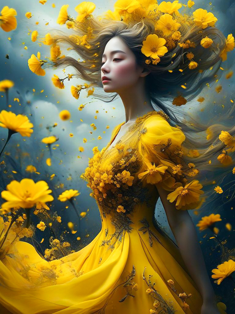 Serene Woman in Elegant Yellow Gown Among Vibrant Flowers Serene Woman in Elegant Yellow Gown Among Vibrant Flowers