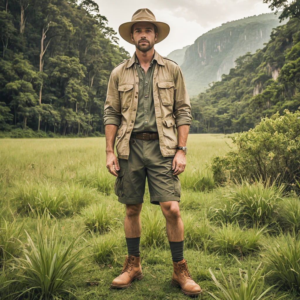 Rugged Explorer in Lush Landscape