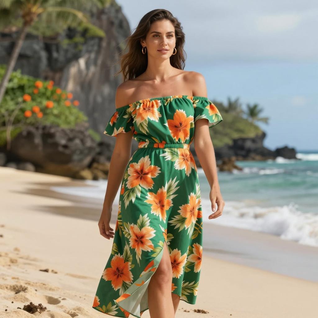 Woman in Green Floral Off-Shoulder Dress Walking on Tropical Beach