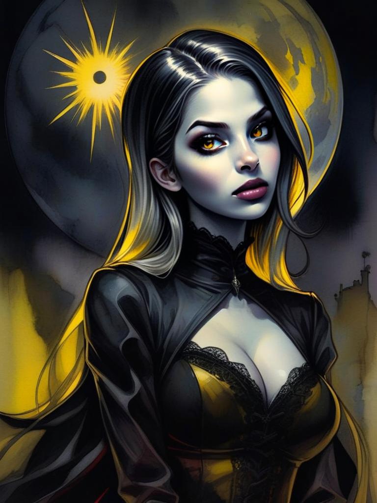 Gothic Woman with Amber Eyes Against Celestial Light