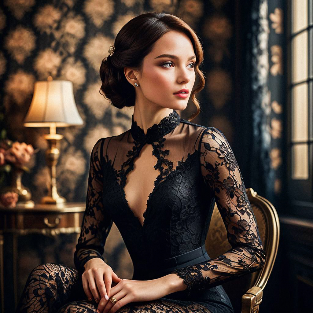 Elegant Woman in Black Lace Gown in Vintage Room Elegant Woman in Black Lace Gown in Vintage Room