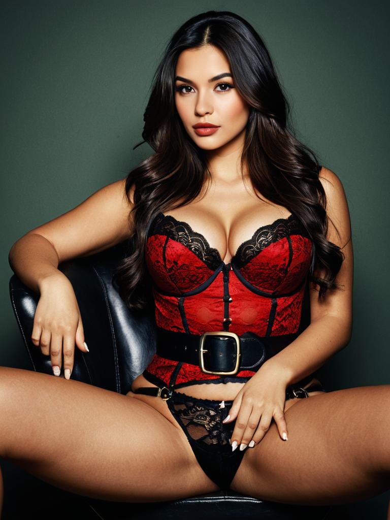 Beautiful Brunette Woman in Red and Black Lace Corset Lingerie