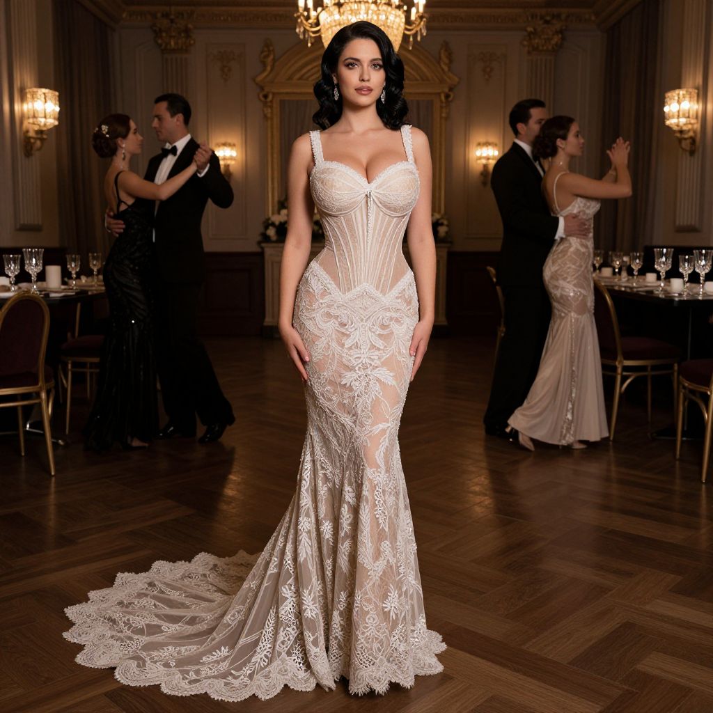 Elegant Woman in White Lace Evening Gown in Luxurious Ballroom