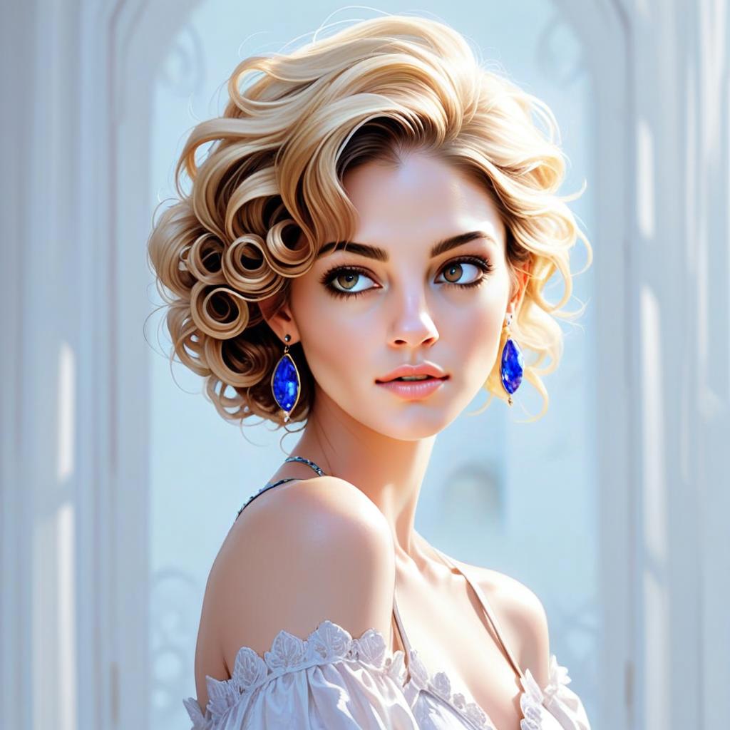 Elegant Blonde Woman with Blue Gemstone Earrings in Soft Lighting