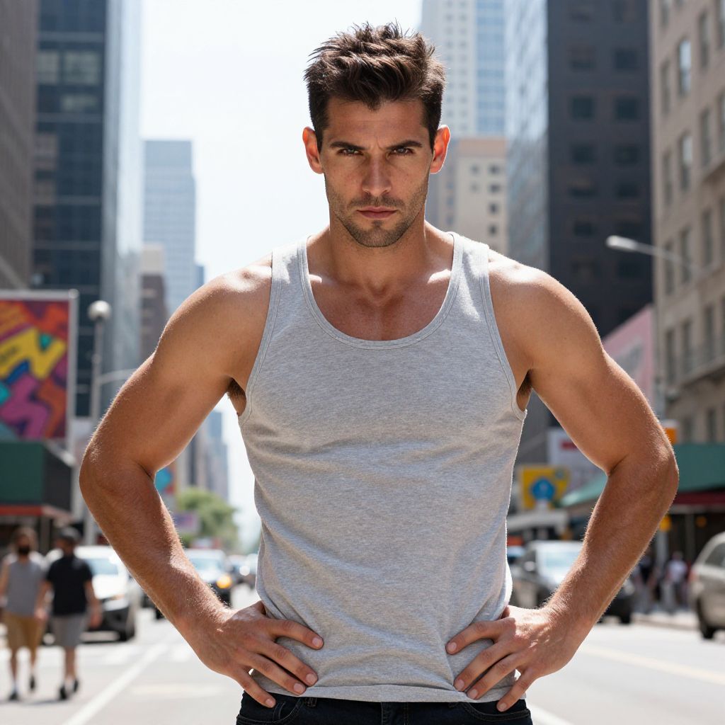 Confident Man in Gray Tank Top Standing on City Street