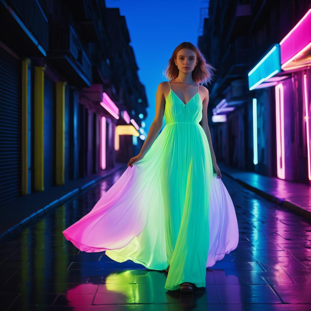 Woman in Green Dress Under Neon Lights