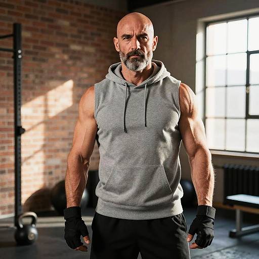 Muscular Man in Sleeveless Hoodie Working Out in Industrial Gym