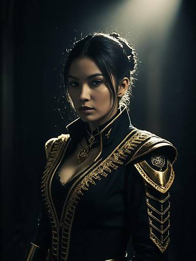 Realistic Atra Mixta Cosplay Woman in Detailed Gold-Accented Costume