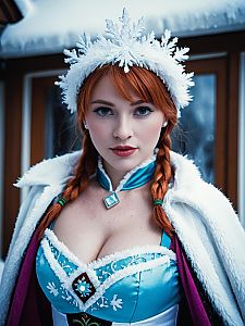 Woman in Revealing Anna Frozen Costume Cosplay with Snowflake Headpiece