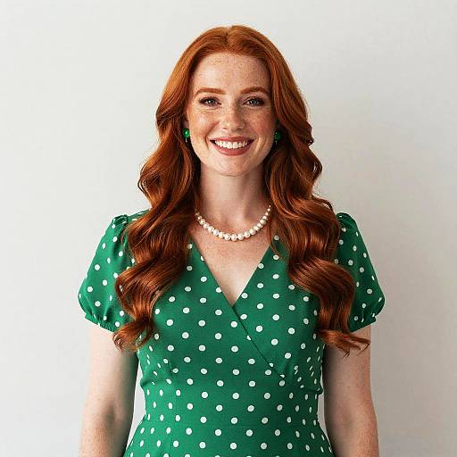 Red Haired Woman in Green Polka Dot Dress with Pearl Necklace
