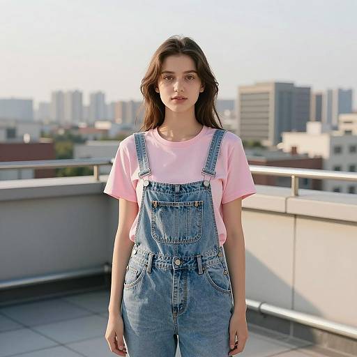 Young Woman Wearing Pink T-Shirt and Denim Overalls on Rooftop Urban Background