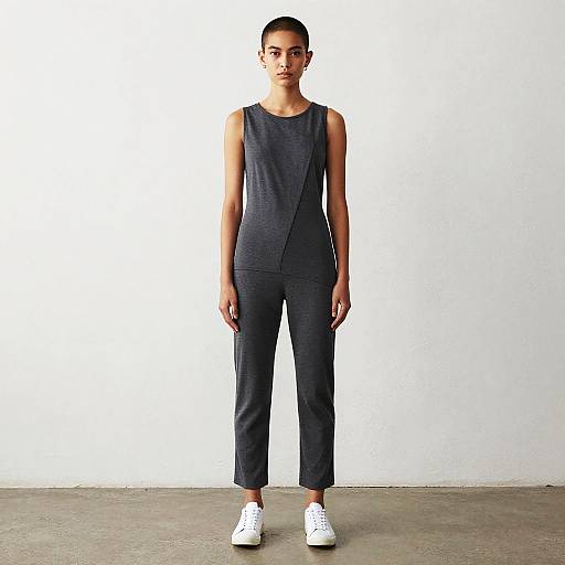 Young Woman in Modern Dark Gray Sleeveless Jumpsuit with White Sneakers