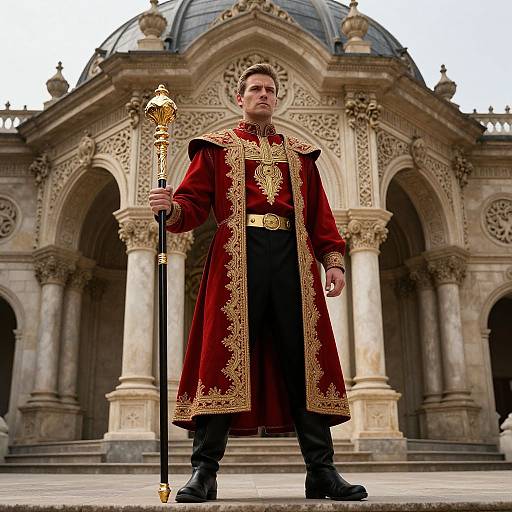Regal Man in Red and Gold Royal Robe Holding Golden Staff at Ornate Architectural Monument