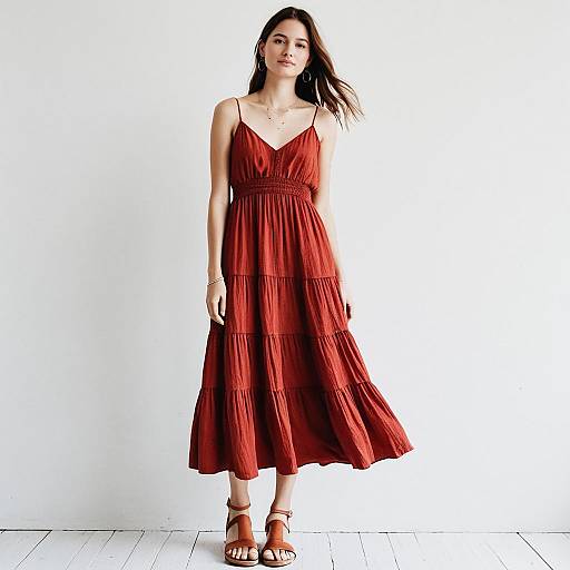 Woman in Bohemian Style Red Maxi Dress with Thin Spaghetti Straps